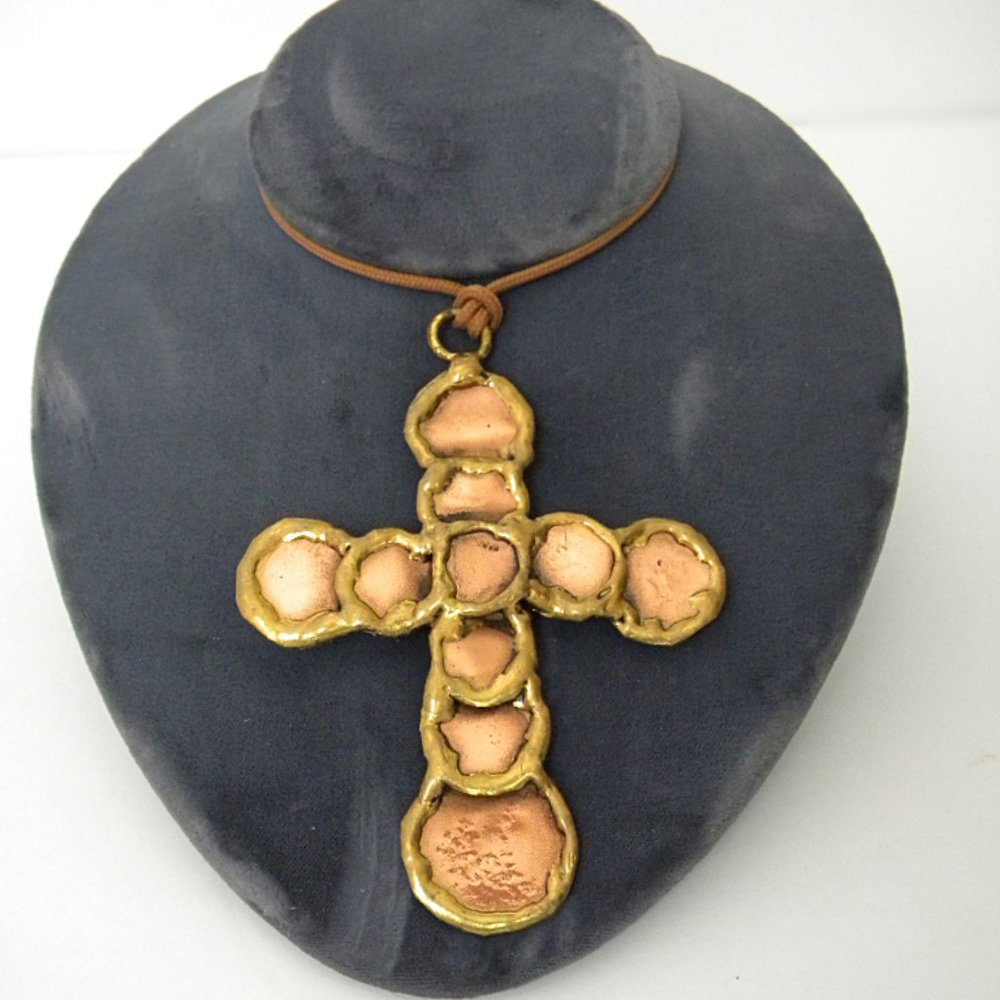 Modernist Brutalist Brass Copper Cross Unisex